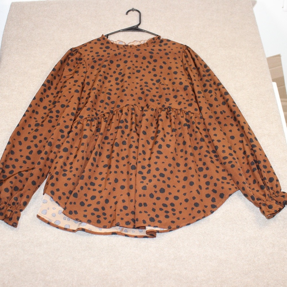 SHEIN Brown Dalmatian Print Peplum Blouse Ruffle Mock Neck Long Sleeve Top M